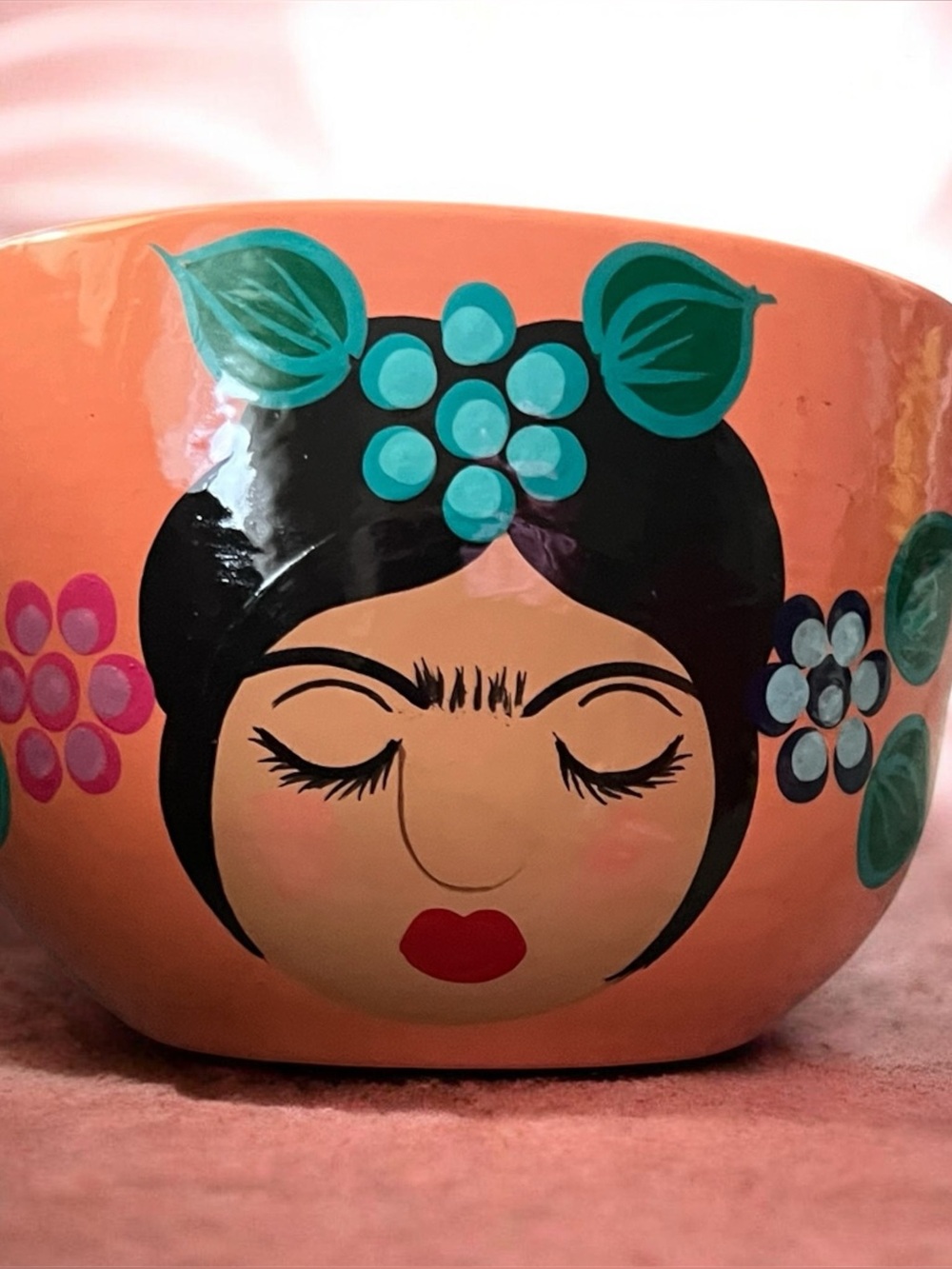 Frida Kahlo Hand-Painted Peach Ceramic Bowl with Floral Face Motif